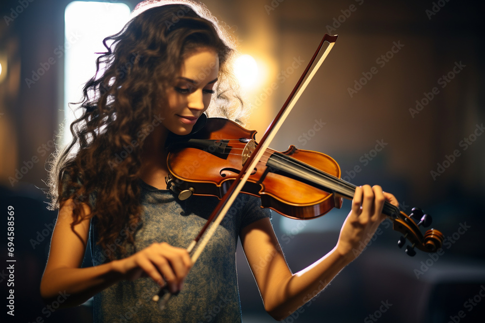 A woman skillfully playing a violin, her eyes closed as she feels the music