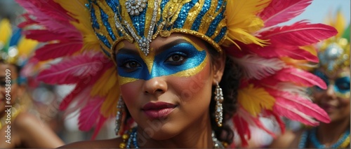 Woman wearing a colorful and elaborate mask. She is adorned with colorful feathers and jewels enjoying the Brazilian carnival