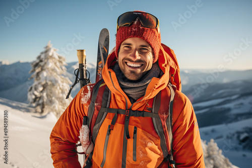 Portrait of smiling bearded man traveler on snowy mountain ski slope