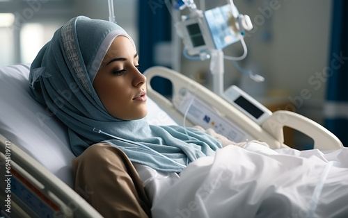 Horizontal portrait shot of attractive smiling adult Muslim patient wearing hijab. Islamic woman