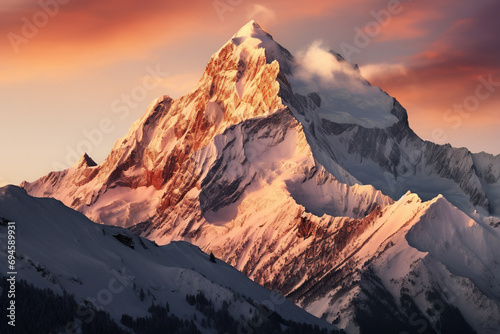 A beautiful view on snowy mountains during stunning sunset