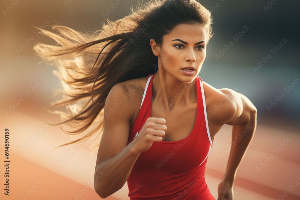 An athlete sprinting on a track, her speed and determination evident in every stride An athlete sprinting on a track, her speed and determination evident in every stride
