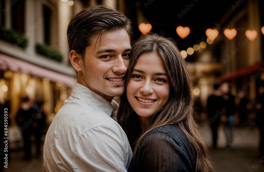 Loving young couple hugging and smiling together on street background, celebrating Valentine's Day, close up photo
Loving young couple hugging and smiling together on street background, celebrating Valentine's Day, close up photo