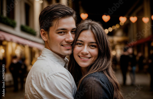 Loving young couple hugging and smiling together on street background, celebrating Valentine's Day, close up photo 