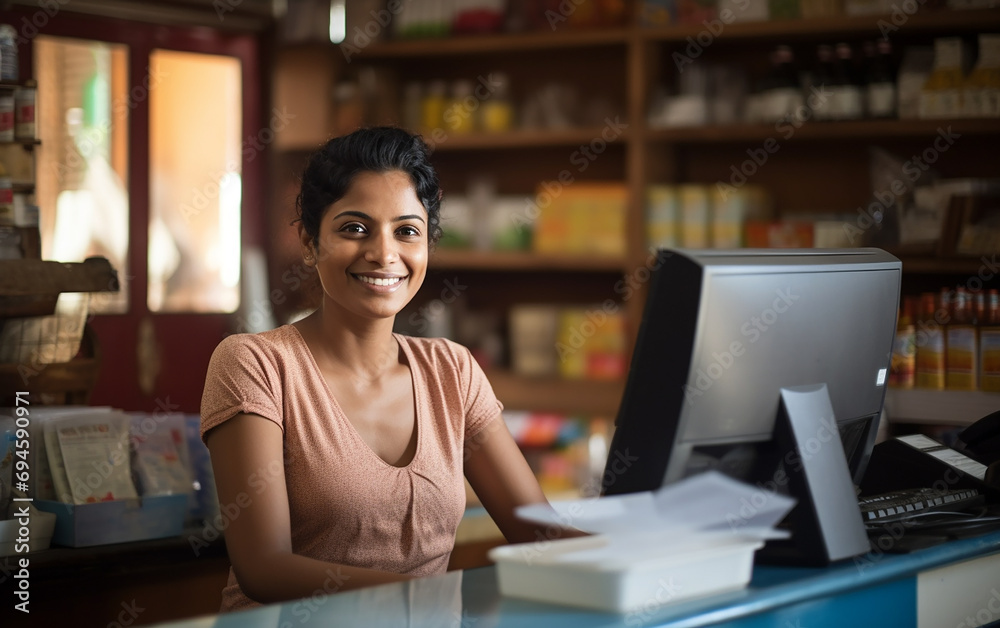 Fototapeta premium Indian smiling woman working as a cashier in the store