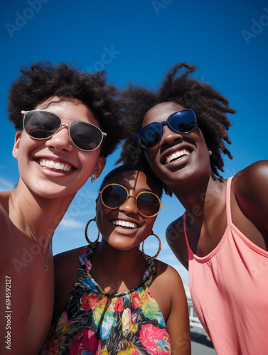 Three friends taking a group selfie at the beach wearing sunglasses. Friendship, summer fun, beach party, road trip, summer concert. Vertical, social media, reel. Blue sky background room for type. 
