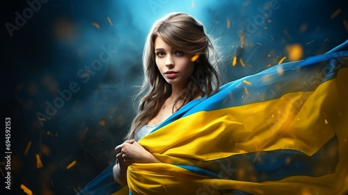 Beautiful young woman with ukrainian flag in the wind. Ai render.