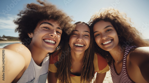 Three diverse Gen Z friends smile at the camera while taking a group selfie. Friendship, summer, summer fun, beach party, student travel. Group portrait.