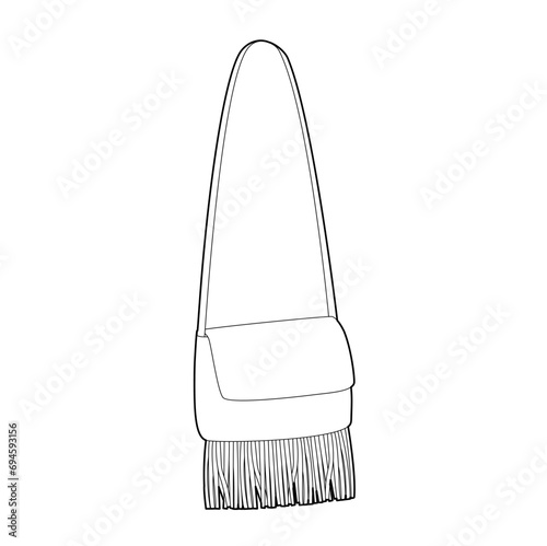 Medicine bag Saddle silhouette crossbody with tassels fringe. Fashion accessory technical illustration. Vector satchel for Men, women, unisex style, flat handbag CAD mockup sketch outline isolated