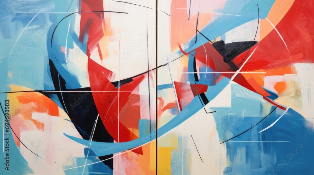 Fototapeta premium Two abstract paintings, their bold lines and shapes intertwining and overlapping in a mesmerizing and thoughtprovoking composition.