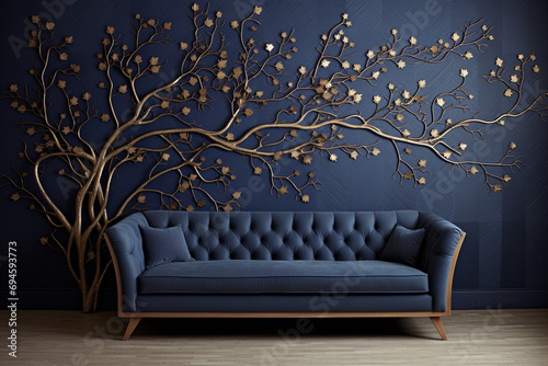 A 3D intricate pattern of an alder tree, its catkins and rounded leaves creating a natural look against a cream-colored wall, accompanied by a dark blue sofa.