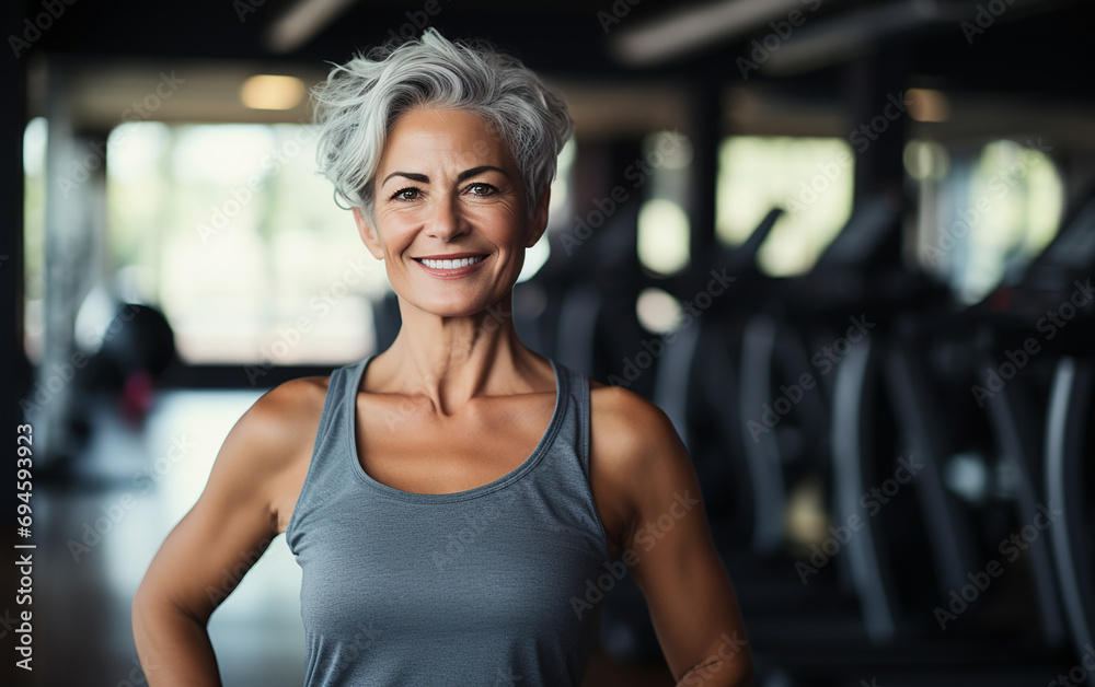 Fototapeta premium Happy nice mature woman in a gym.