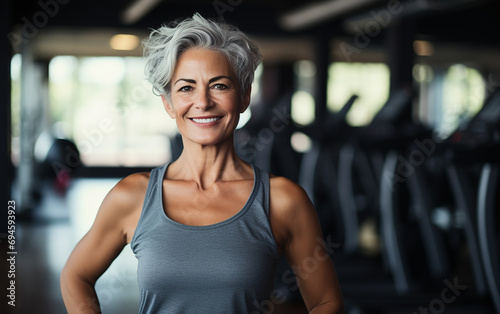 Happy nice mature woman in a gym.
