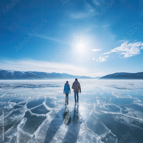 a youbg couple is skating on the frozen lake photo