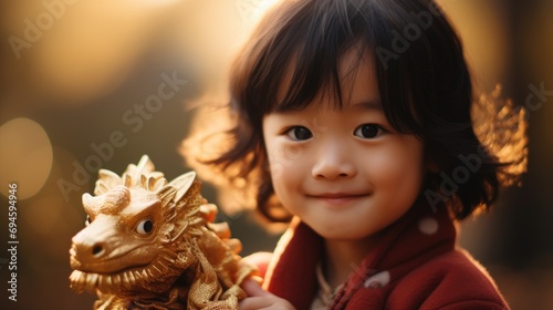 Child girl with dragon. Chinese New Year. Little Asian lady wearing a red suit. With a dragon in the background