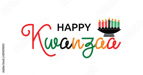 Happy Kwanzaa handwritten calligraphy with seven candles and a Kinara holder. Great for greeting cards, posters, flyers, and banners. Text Illustration Vector	 photo