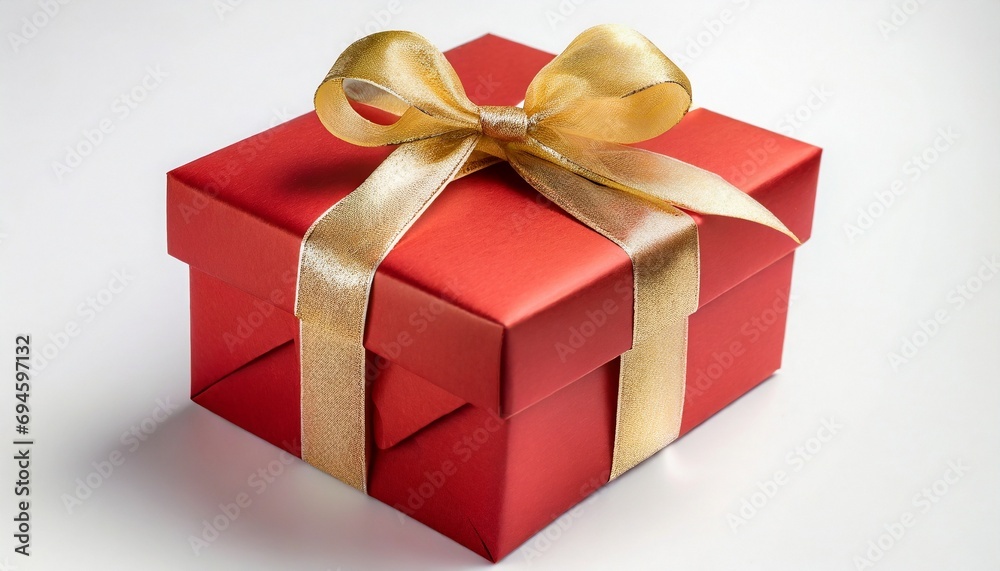 Fototapeta premium Red gift box wrapped with gold bow and ribbon isolated on white background.