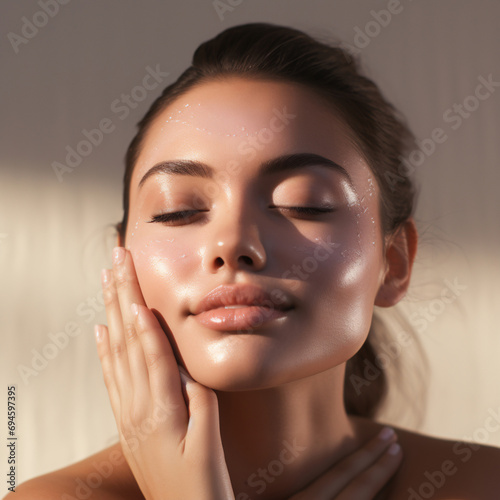 Skincare and Cosmetics High-Quality Photo of a Radiant Woman Touching Her Face