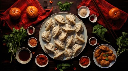 Chinese dumplings ?? jiaozi on table flat lay view. Lunar new years. Chinese New Year. Asian festive food