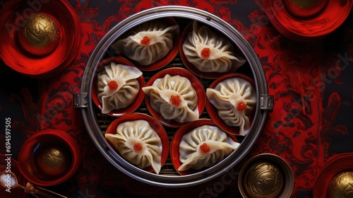 Chinese dumplings ?? jiaozi on table flat lay view. Lunar new years. Chinese New Year. Asian festive food