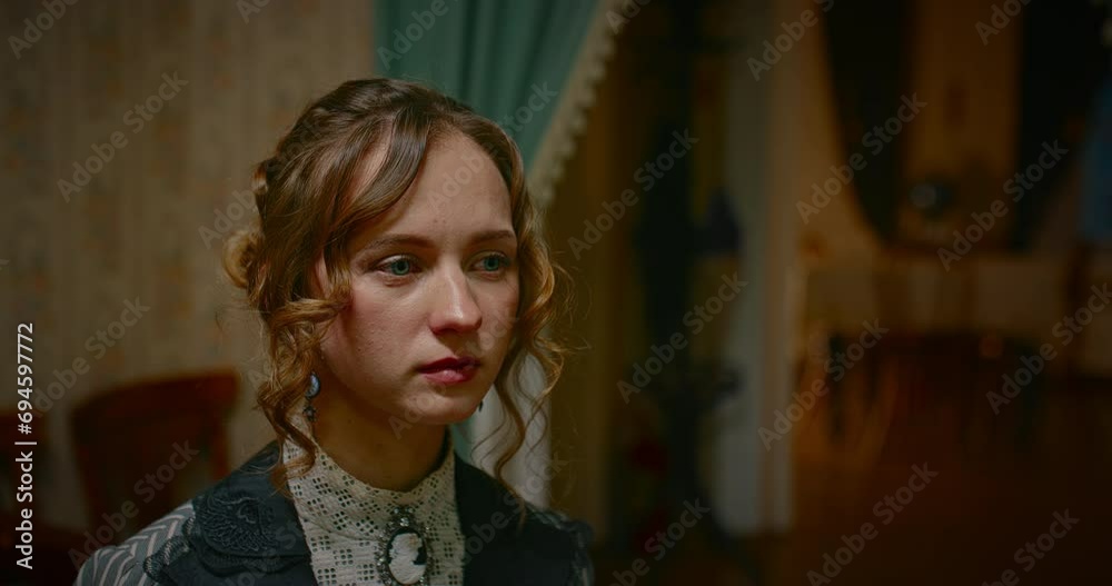 portrait of sad beautiful woman in retro gown crying sitting in house of 19th century, 4K, Prores portrait of sad beautiful woman in retro gown crying sitting in house of 19th century, 4K, Prores