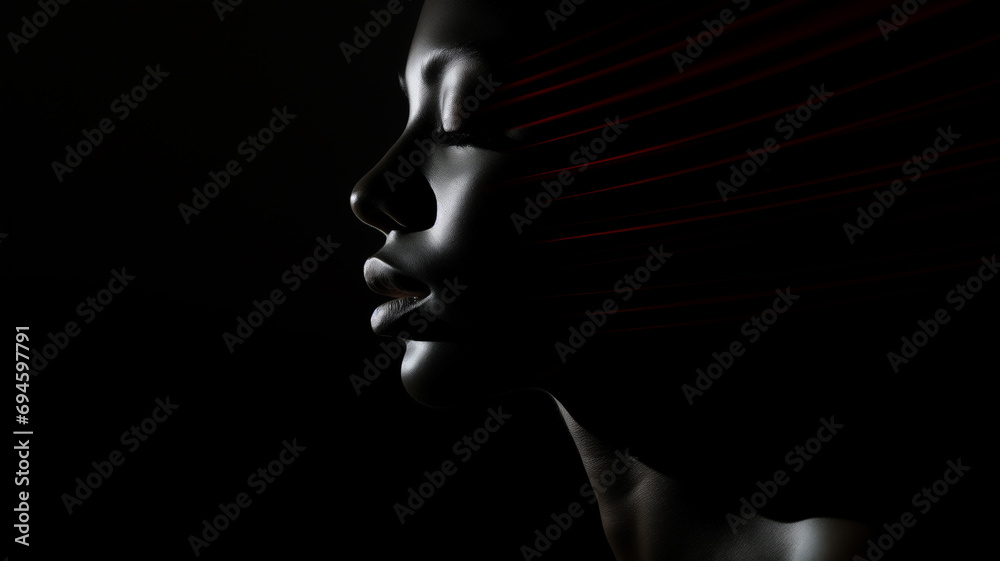 weibliches Beauty Model in seitlicher Pose. Low Key Portrait bei dramatischem Licht mit roten Lichteffekten. Querformat 16:9 Format. Generative Ai.
