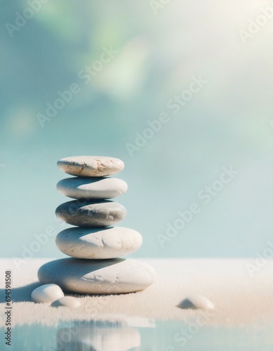 Pile of Zen stones and sunset on sand. Meditative lifestyle concept. Symbolic balance and inner equilibrium with stress relief. Mental rest and connection with nature. Poster with copy space and sky