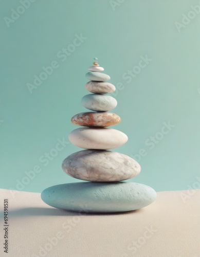 Stack of zen stones. Pile of pebbles; balance and harmony concept. Peaceful nature background for spa; natural wellness and yoga center. Minimalist symbol of mental health with copy space