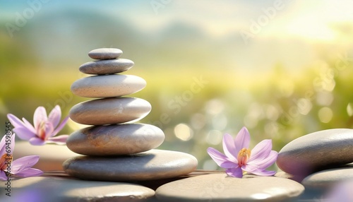 Stack of zen stones and flowers. Pile of pebbles  balance and harmony concept. Peaceful nature background for spa  natural wellness and yoga center. Symbol of mental health with copy space