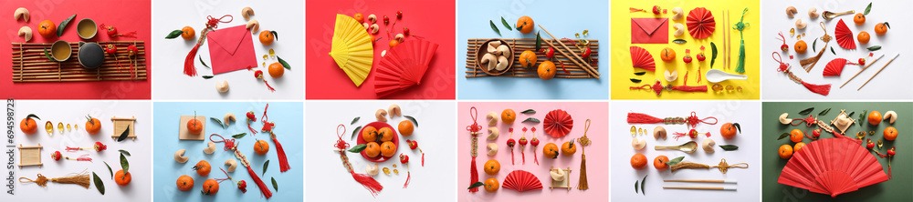 Group of Chinese symbols for New Year celebration on color background