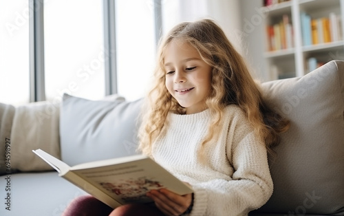 Fair-skinned girl in a warm bright sweater reads a book while sitting on the sofa. Beautiful photo of a teenage female with a book.