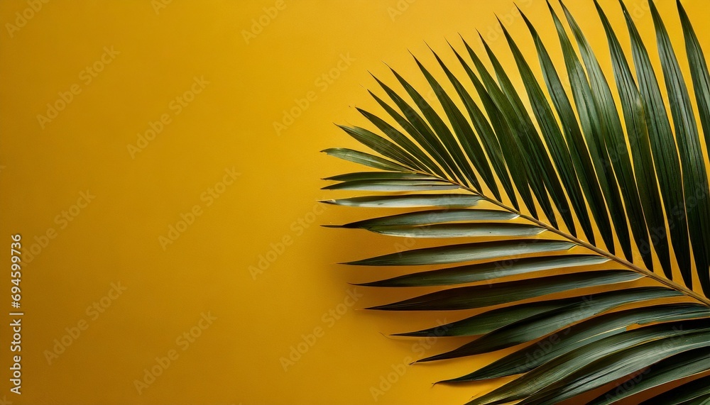 Fototapeta premium Tropical palm leaf isolated on dark yellow background, clipping path 