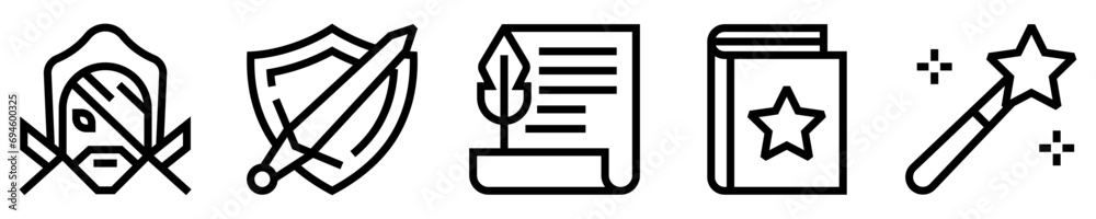 Conjunto de iconos de juego de rol. Mundo ficticio. Personaje de combate, escudo con espada, pergamino, libro de hechizos, varita mágica. Ilustración vectorial Conjunto de iconos de juego de rol. Mundo ficticio. Personaje de combate, escudo con espada, pergamino, libro de hechizos, varita mágica. Ilustración vectorial