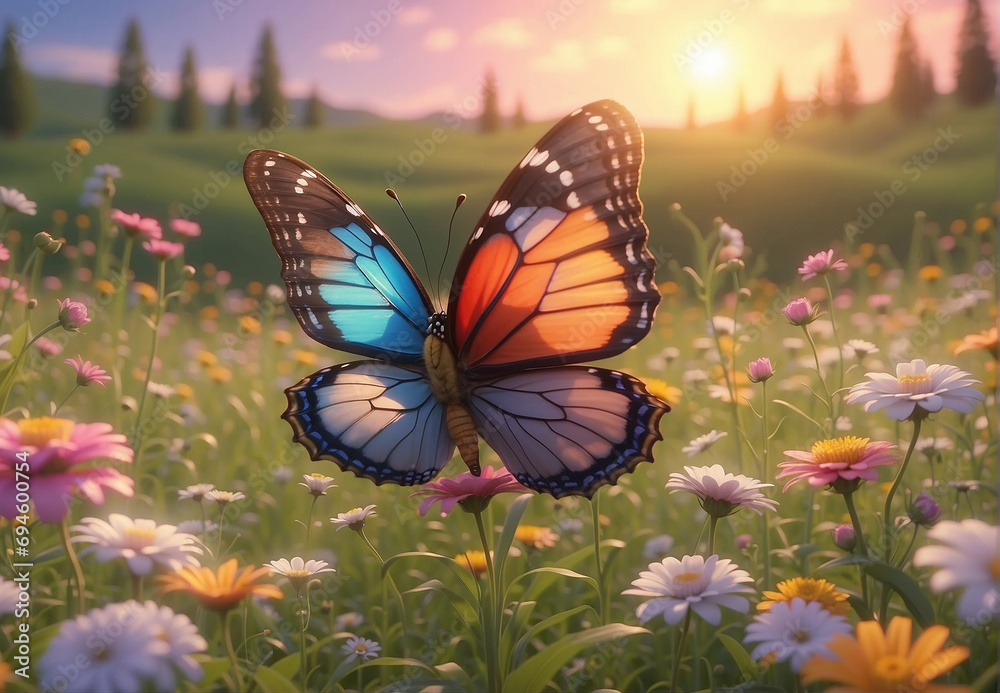 a butterfly flutters over the flowers in the meadow