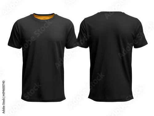 Two black t-shirt without wrinkles, on a perfect white background, one front side and the back side