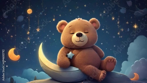 breathing animation, Bear lullaby cartoon sleeping on forest, looped video background photo