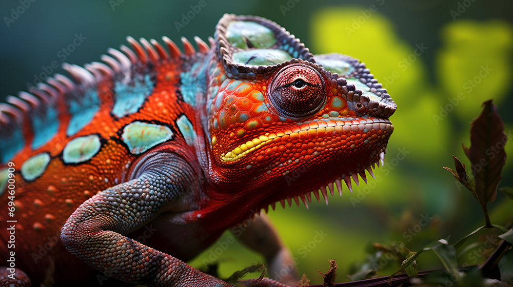 Fototapeta premium Vibrant Chameleon with Red and Blue Colors Perched Among Green Foliage 