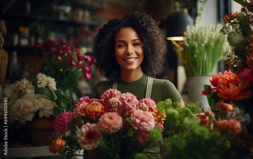 Picture of beautiful black woman florist while working.