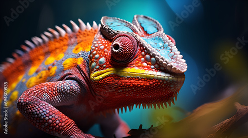 closeup of colorful skin chameleon lizard on a branch, wild life photography, Head lizard chameleon animal wikipedia picture Ai generated art, Chameleon in its Natural Habitat, Wildlife Photography,

 photo
