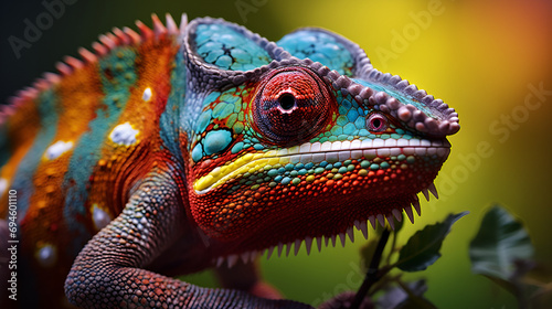 A detailed shot of a reptile perched on foliage, A pet chameleon on a colorful background, focus on the color change and texture, Chameleon on the flower. Beautiful extreme close-up. Made with gener   © Muhammad