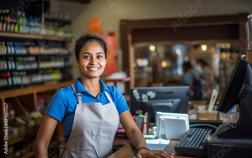 Indian smiling woman working as a cashier in the store