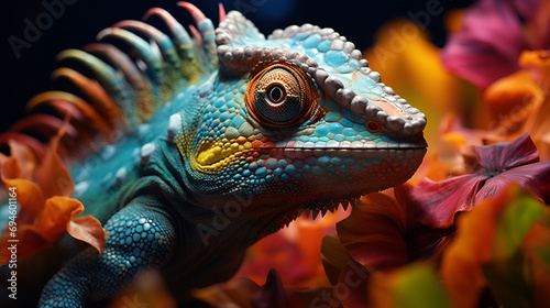 Vivid Green chameleon closeup digital. Garden pet. Generate Ai  Generative AI   Chameleon on the flower. Beautiful extreme close-up.  Chameleon on the bloom. Wonderful extraordinary close-up  A det   