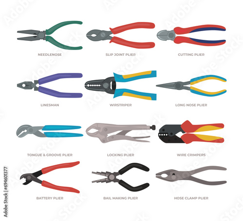 Types of Pliers Set Collection, Needle Nose, Split Joint, Cutting, Linesman, Wire Stripper, Long Nose, Tongue and Groove, Locking, Wire Crimp, Battery Pliers, Bail Making, Hose Clamp, House repair.