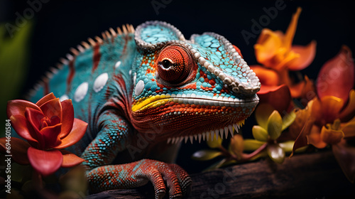 A vibrant reptile perched on a branch  Rainbow-hued chameleon blending into a lush jungle leaf  Chameleon near up. Multicolor Excellent Chameleon closeup reptile with colorful shinning skin. The con  