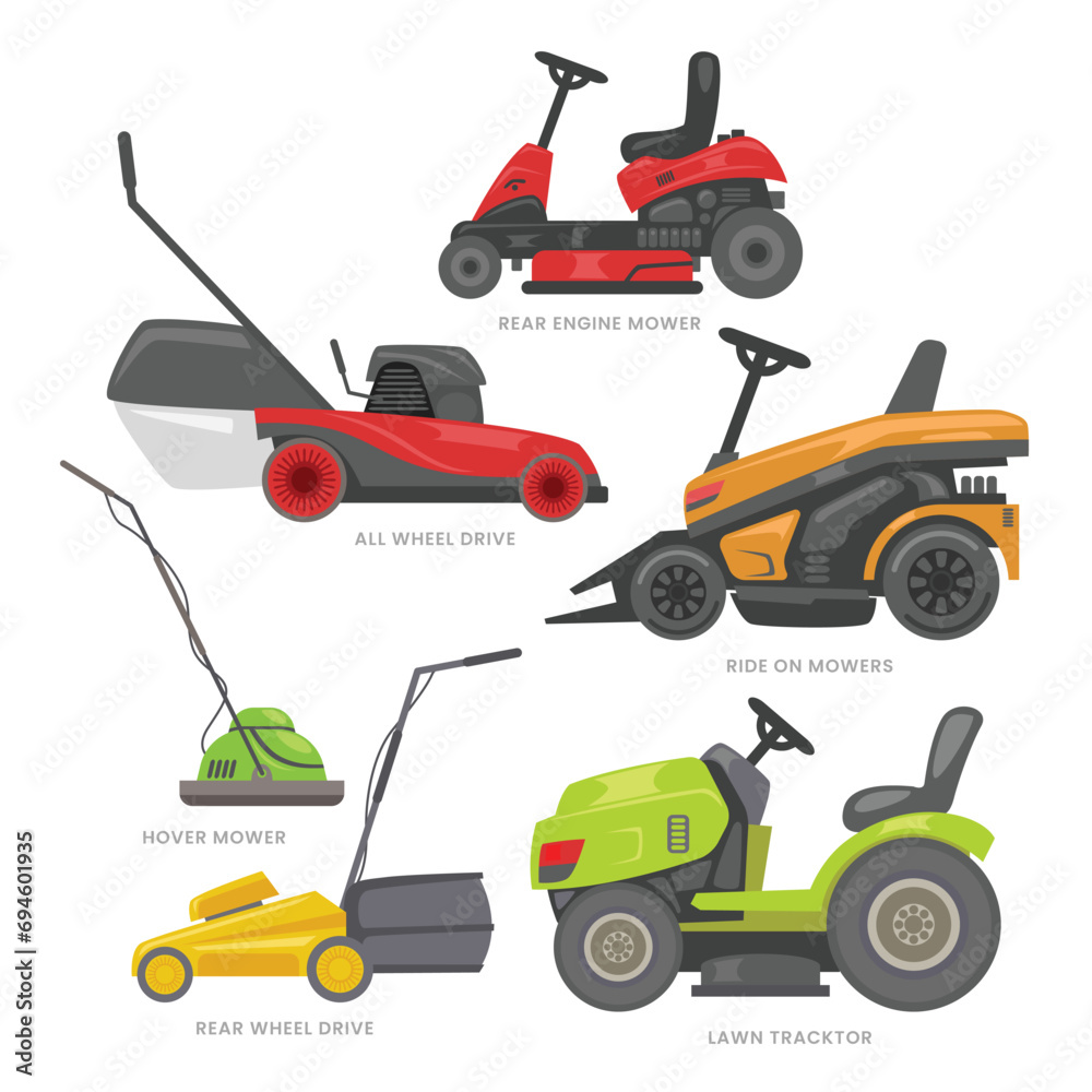 Types Of Lawn Mower Set Collection Rear Engine Mower Lawn Tractor 