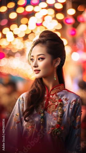 Asian girl in traditional costume for celebration. Lunar new years. Chinese New Year © megavectors