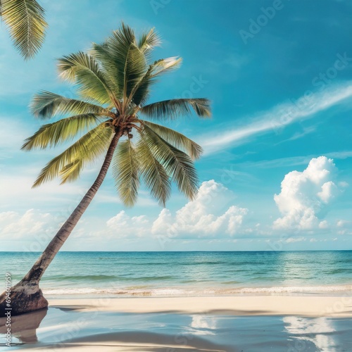 Palm tree on tropical beach with blue sky and white clouds abstract background. 