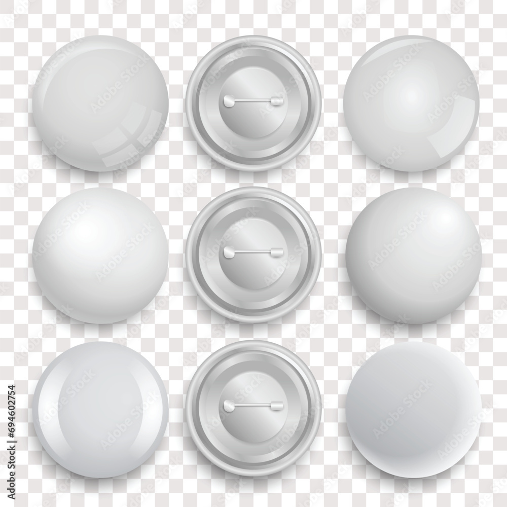 Plastic Realistic white button badge icon set isolated on transparent background. Pin badges mockup set collection, advertise metal 3d circle sign. Souvenir magnet badging mockup, Glass showcase. - obrazy, fototapety, plakaty 