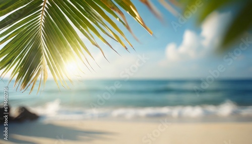 Blur beach with palm leaf abstract background. Summmer vacation concept.