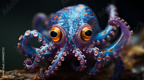 A magical underwater world with various beautiful fish, a seascape with exotic tropical fish, Close up of an Octopus Underwater, colorful tropical underwater theme octopus near the reef, Octopus in